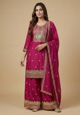 Pink Embroidered Chinon Kurta Set