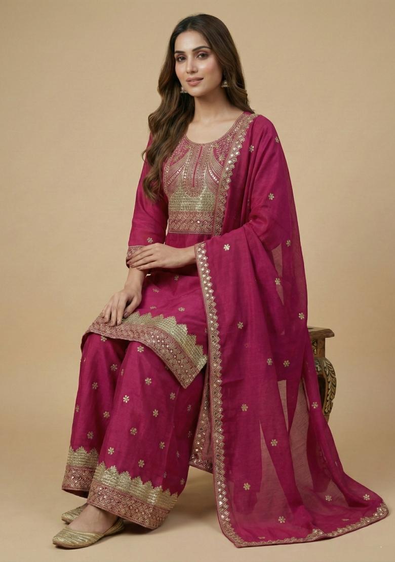 Pink Embroidered Chinon Kurta Set - Indya