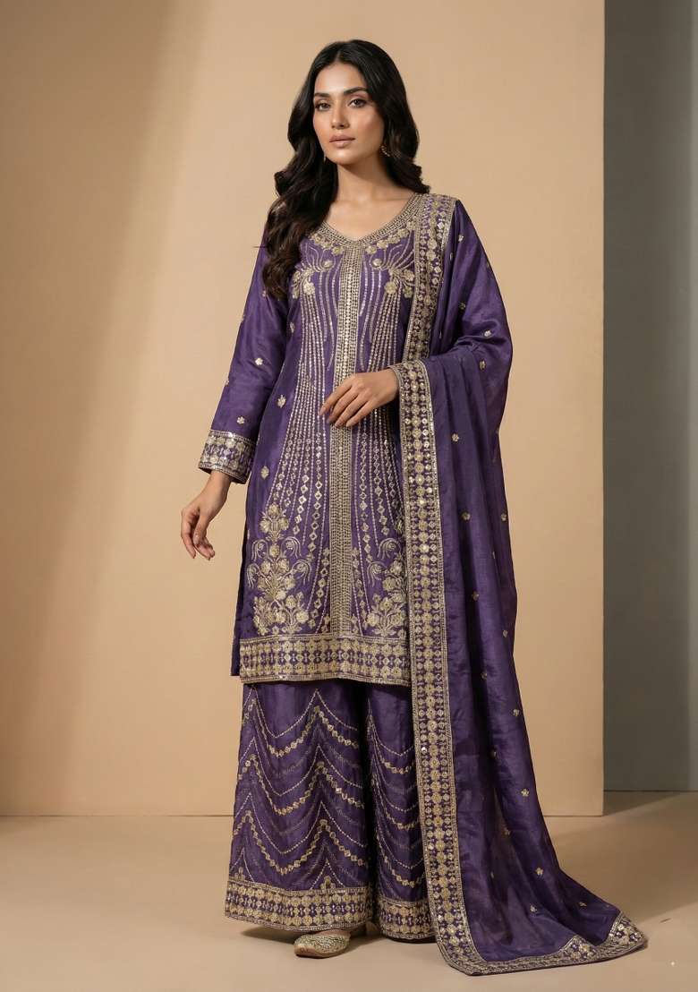 Light Purple Embroidered Chinon Sharara Set - Indya