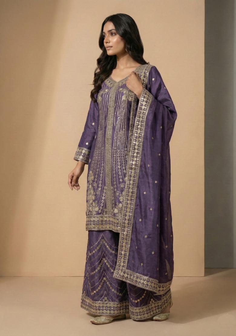 Light Purple Embroidered Chinon Kurta Set - Indya