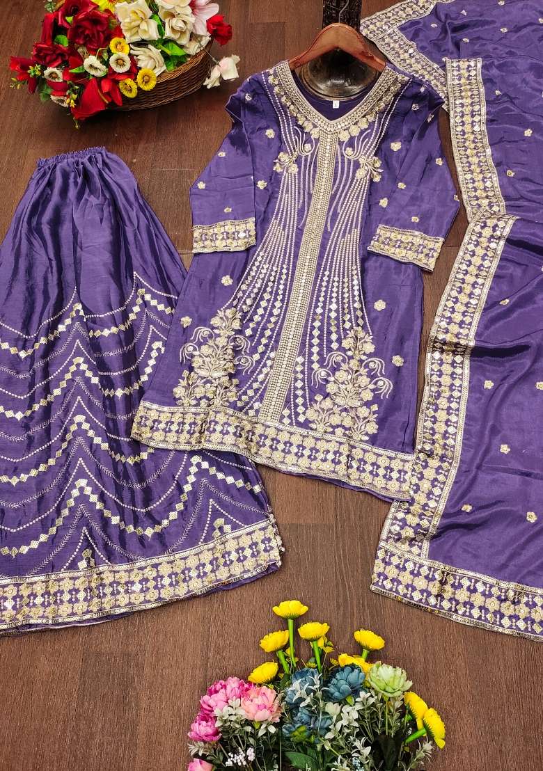 Light Purple Embroidered Chinon Sharara Set - Indya