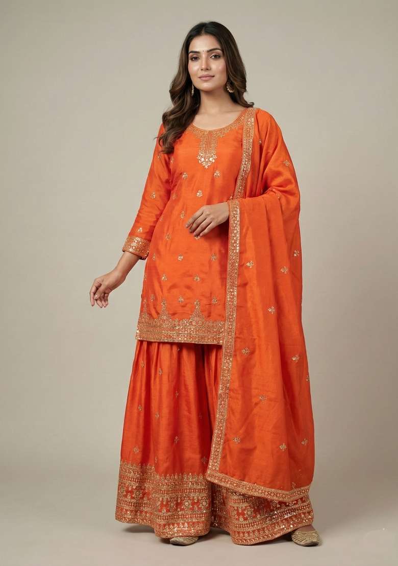 Orange Embroidered Chinon Sharara Set - Indya