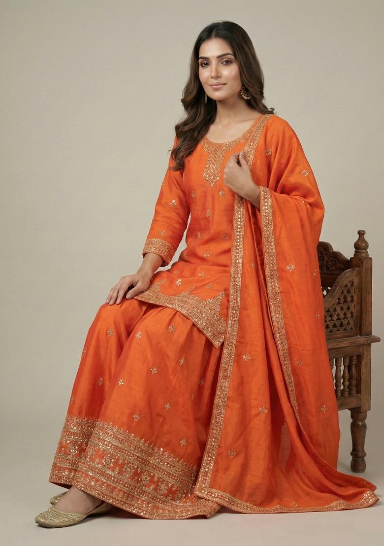 Orange Embroidered Chinon Kurta Set - Indya