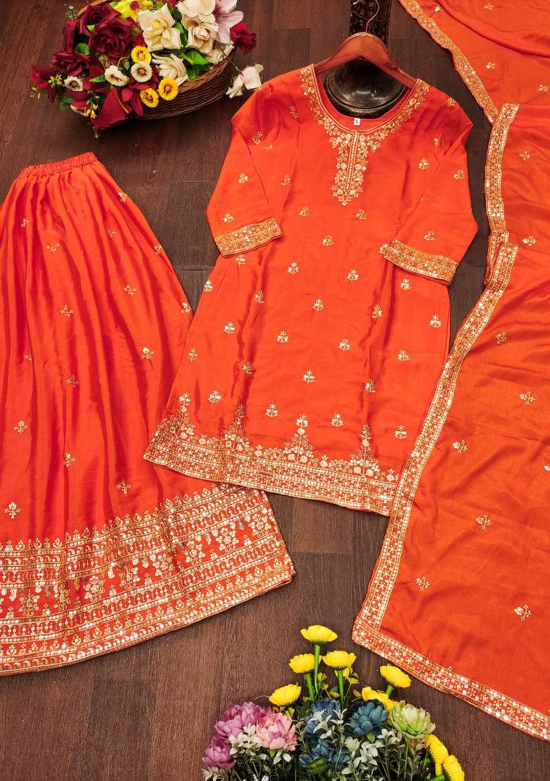 Orange Embroidered Chinon Sharara Set - Indya