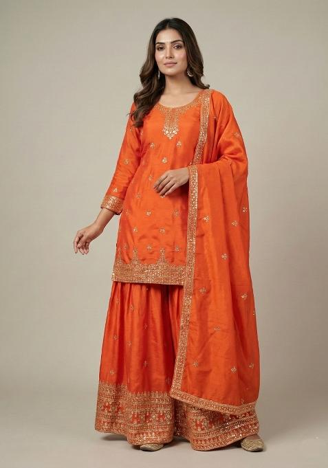 Orange Embroidered Chinon Kurta Set