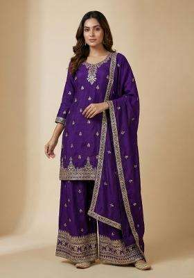 Purple Embroidered Chinon Kurta Set