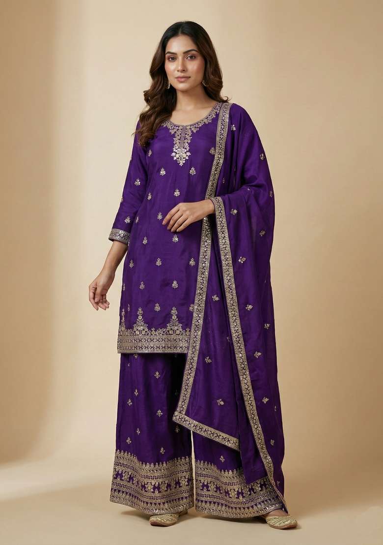 Purple Embroidered Chinon Sharara Set - Indya