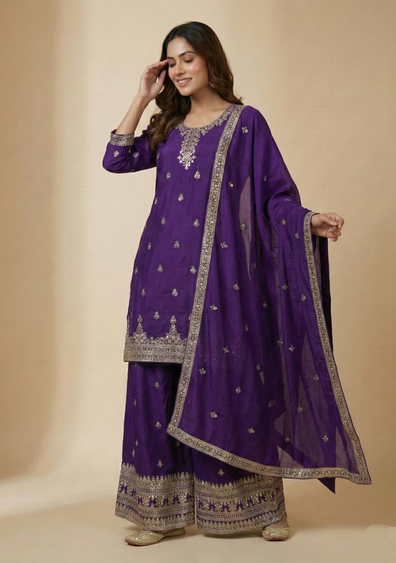 Purple Embroidered Chinon Kurta Set - Indya