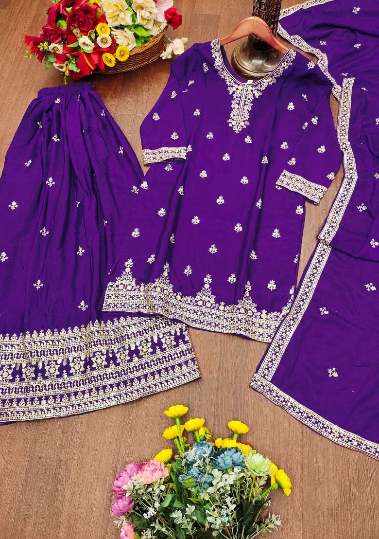 Purple Embroidered Chinon Sharara Set - Indya