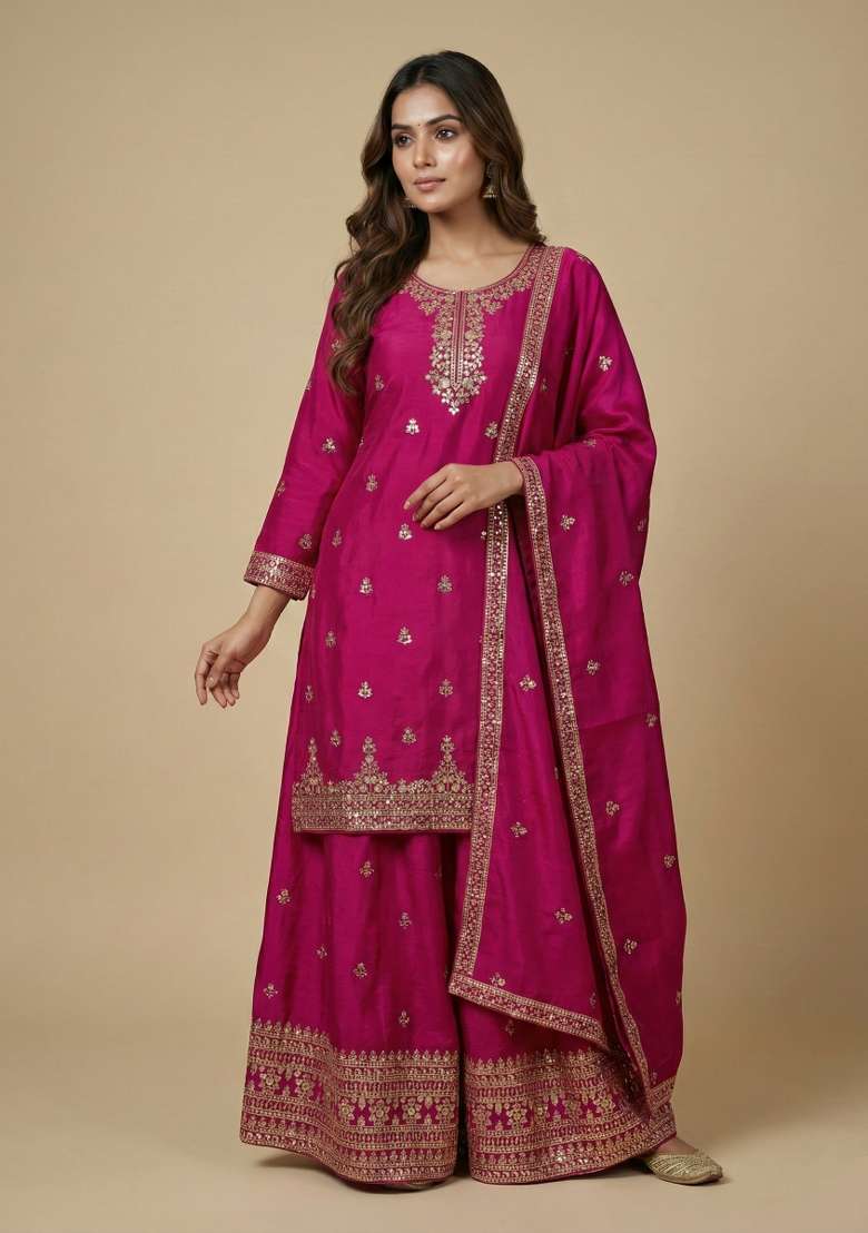 Pink Embroidered Chinon Sharara Set - Indya