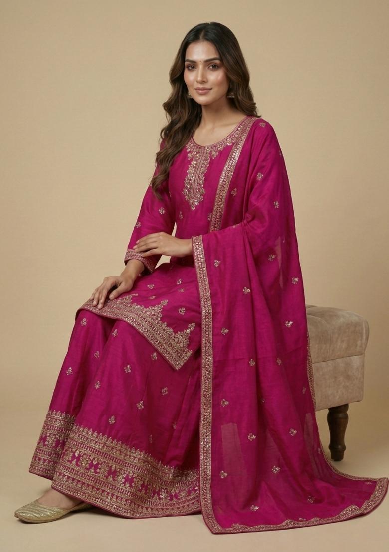 Pink Embroidered Chinon Kurta Set - Indya