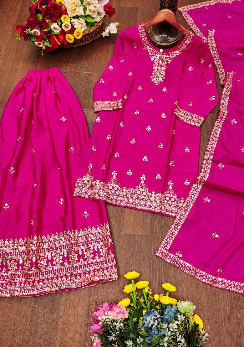 Pink Embroidered Chinon Sharara Set - Indya