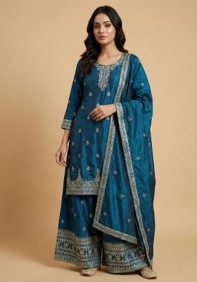 Teal Embroidered Chinon Kurta Set