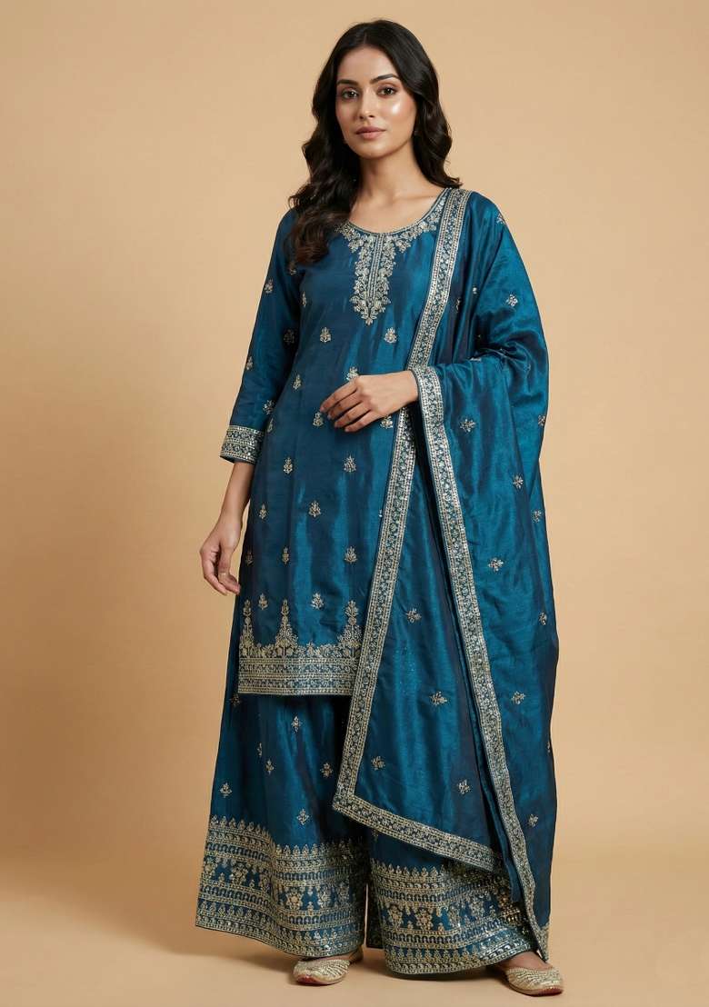 Teal Embroidered Chinon Sharara Set - Indya