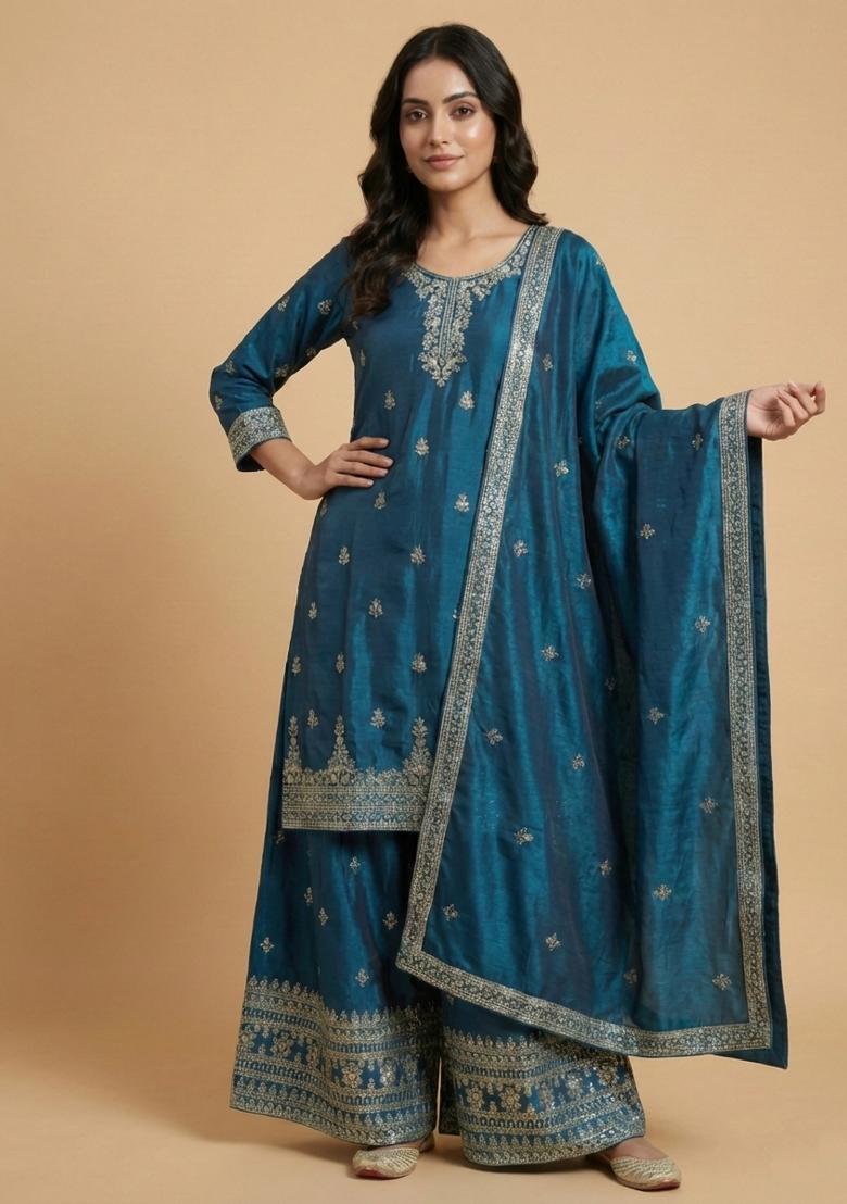 Teal Embroidered Chinon Kurta Set - Indya