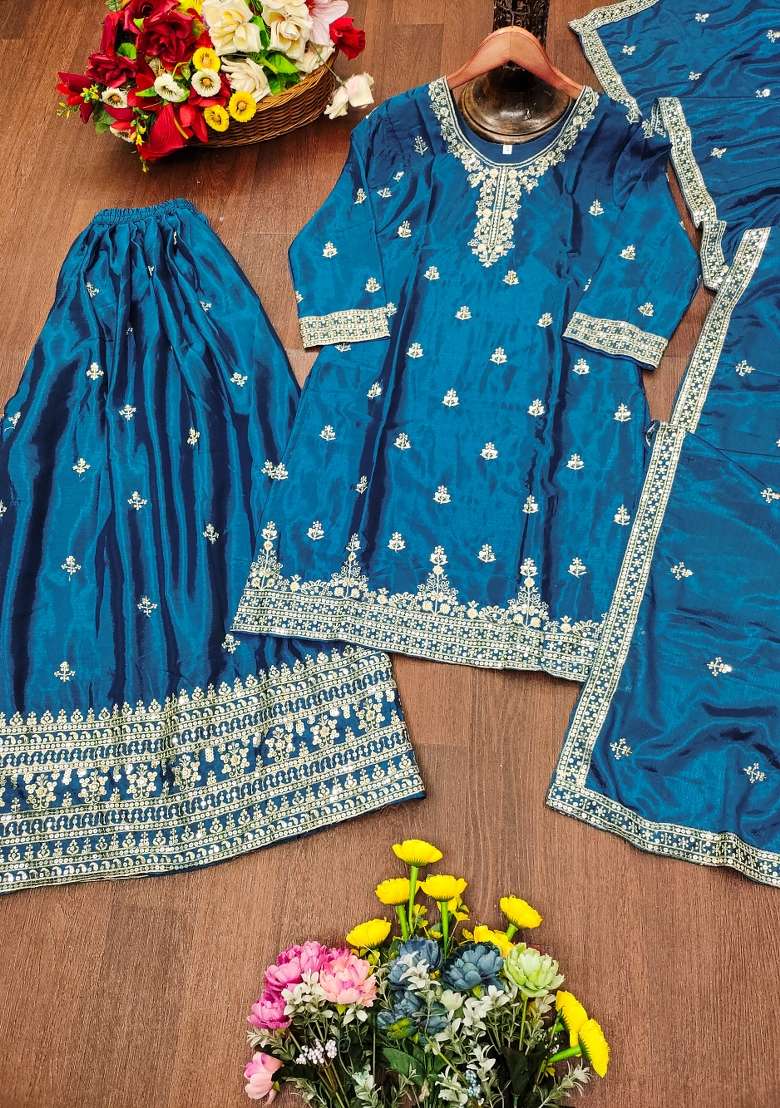 Teal Embroidered Chinon Sharara Set - Indya