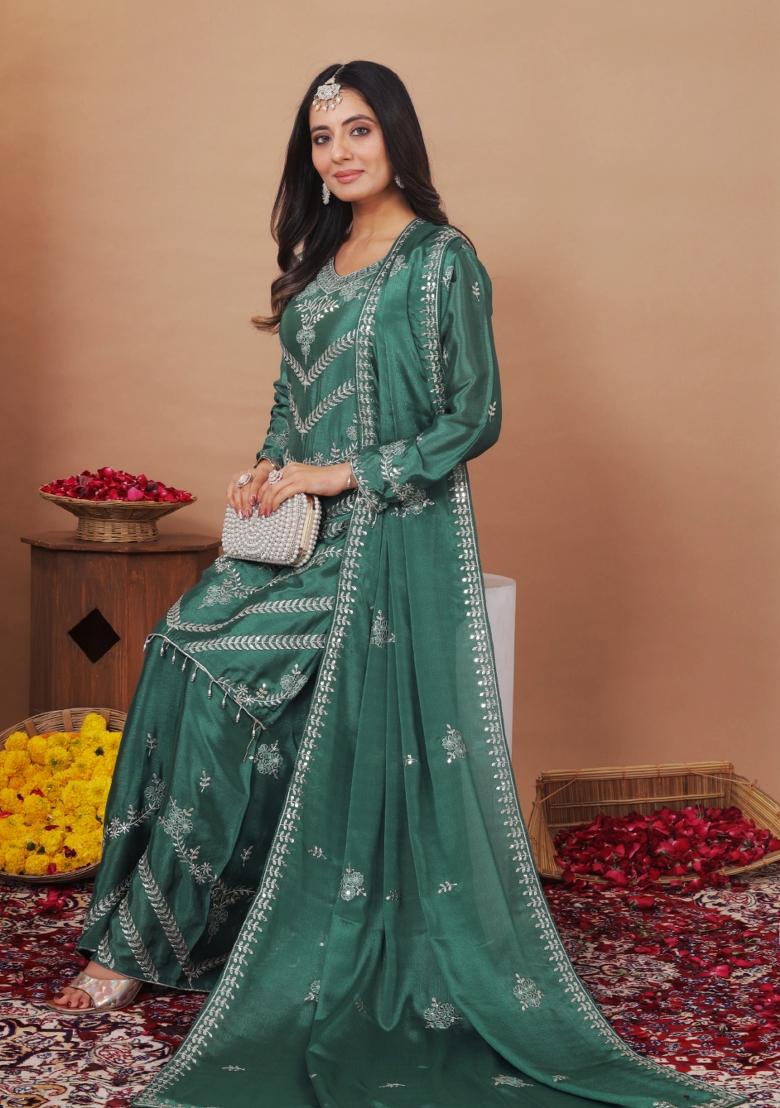 Sea Green Embroidered Chinon Kurta Set - Indya
