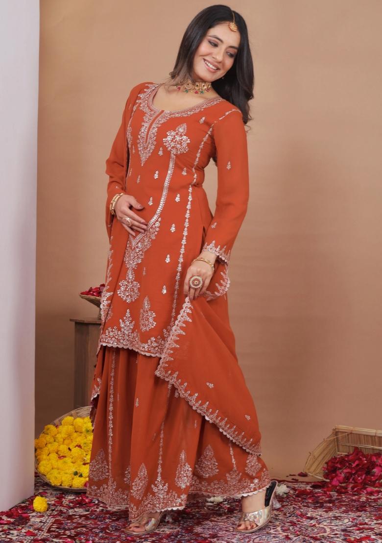 Orange Embroidered Georgette Kurta Set - Indya