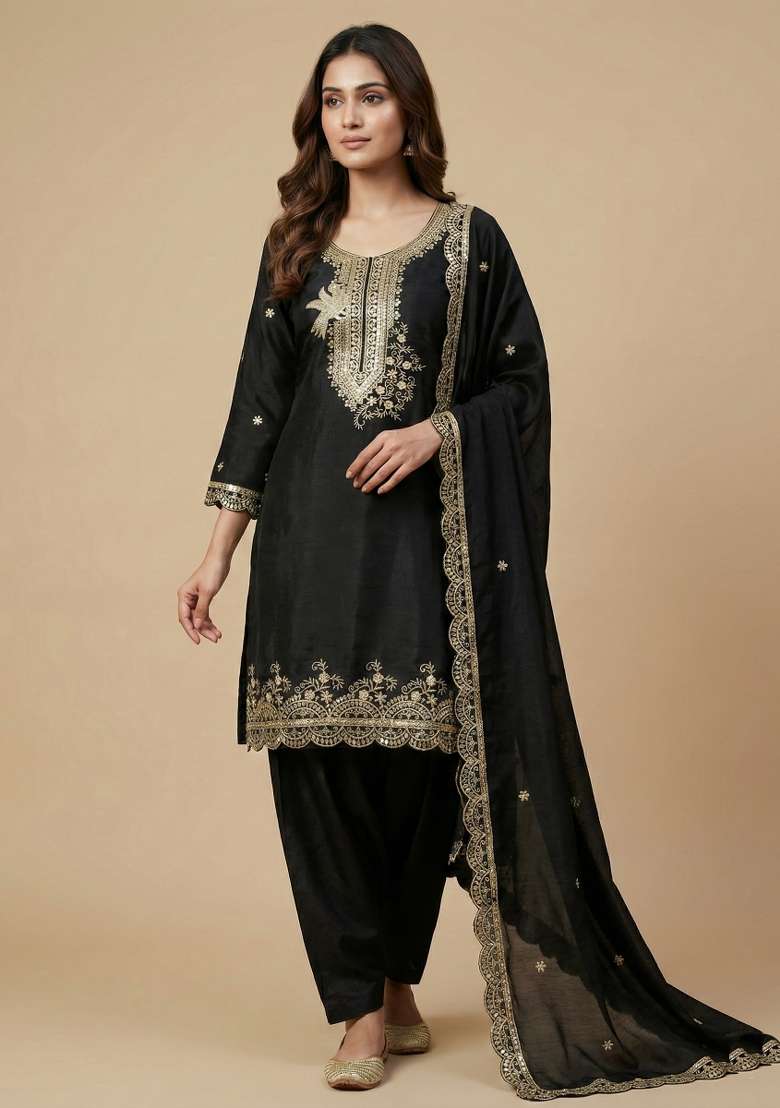 Black Embroidered Chinon Punjabi Suit - Indya