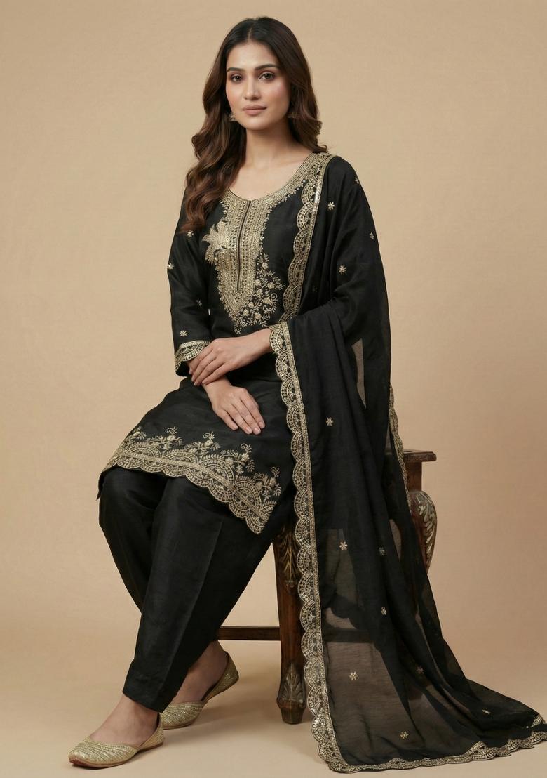 Black Embroidered Chinon Kurta Set - Indya