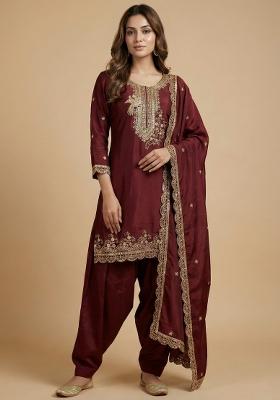 Maroon Embroidered Chinon Kurta Set