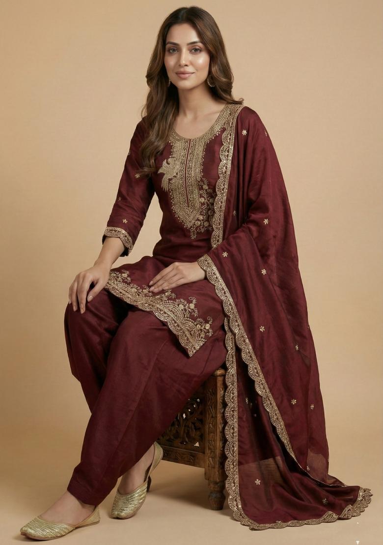 Maroon Embroidered Chinon Kurta Set - Indya