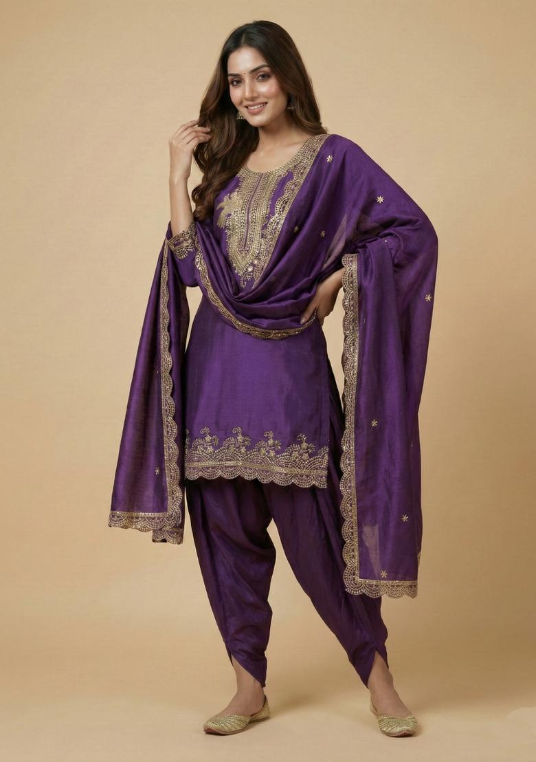 Purple Embroidered Chinon Kurta Set - Indya