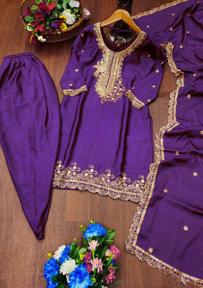 Purple Embroidered Chinon Punjabi Suit - Indya