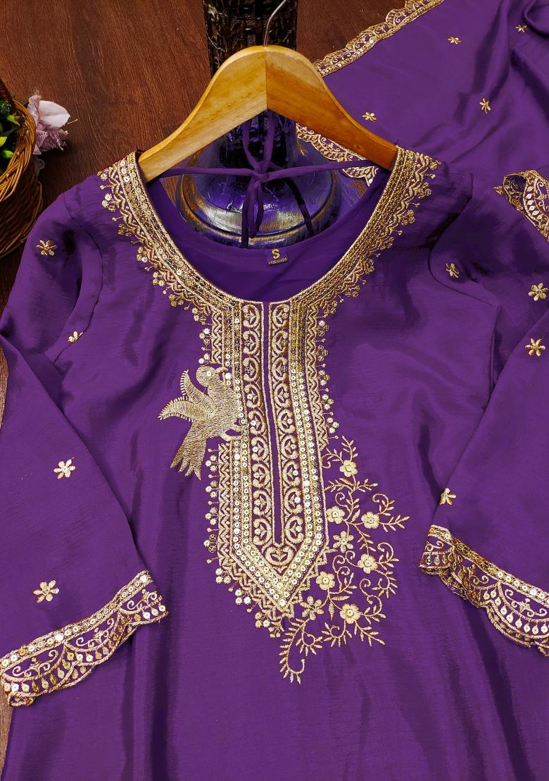 Purple Embroidered Chinon Kurta Set - Indya