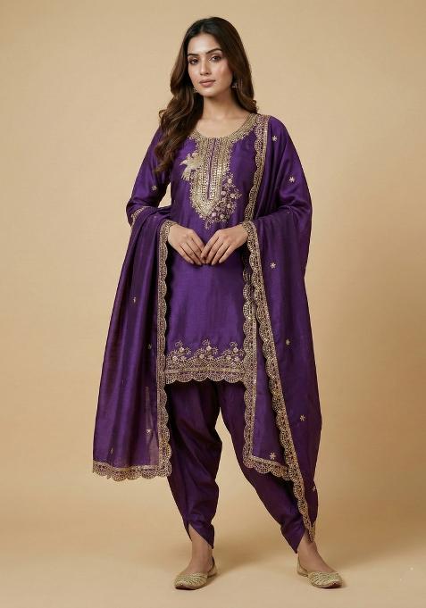 Purple Embroidered Chinon Kurta Set