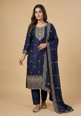 Navy Blue Embroidered Chinon Kurta Set