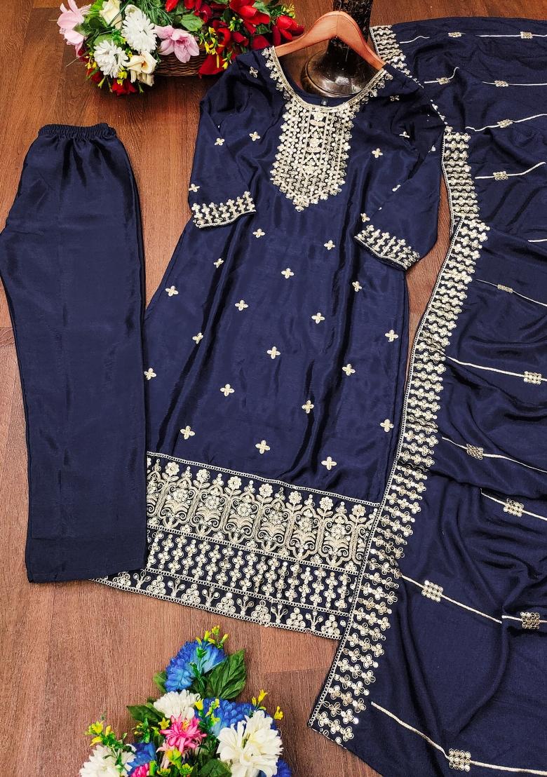 Navy Blue Embroidered Chinon Kurta Set - Indya