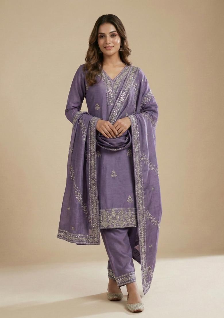 Lavender Embroidered Chinon Kurta Set - Indya
