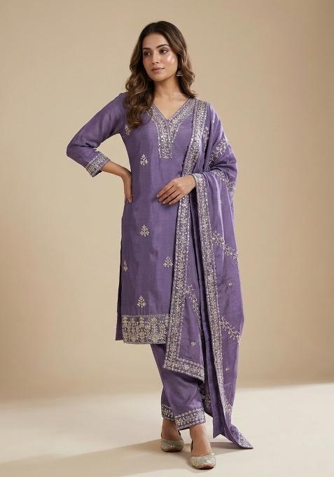 Lavender Embroidered Chinon Kurta Set