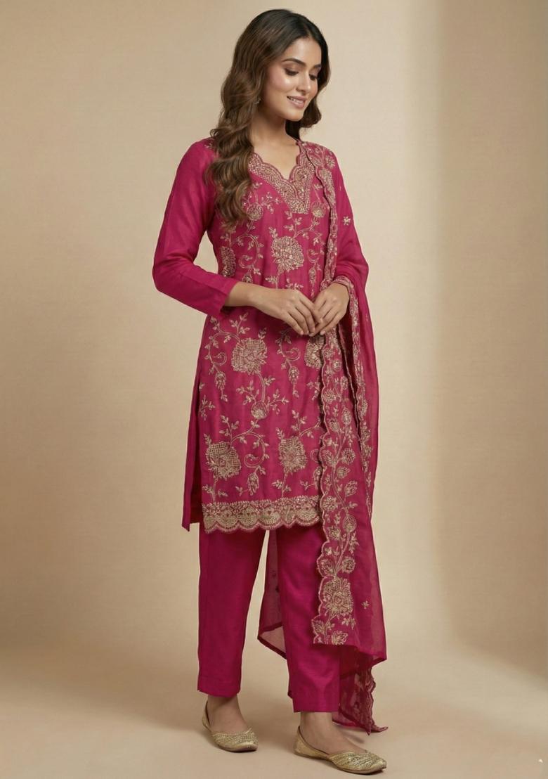 Pink Embroidered Chinon Kurta Set - Indya