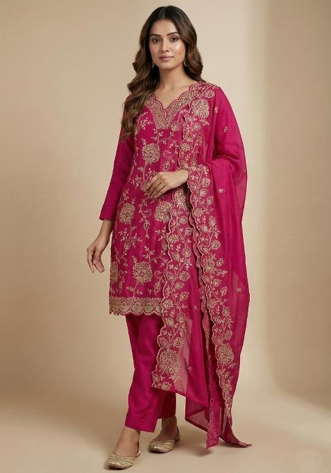 Pink Embroidered Chinon Kurta Set