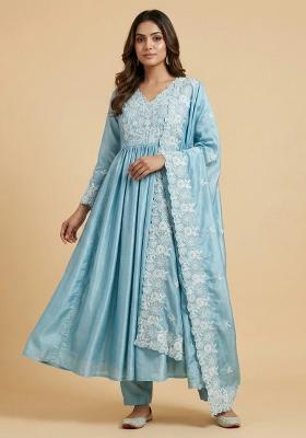 Sky Blue Embroidered Chinon Kurta Set