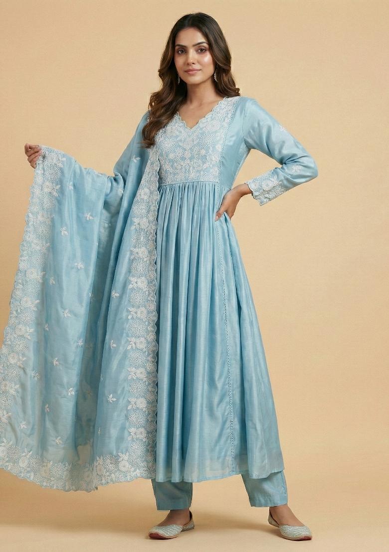 Sky Blue Embroidered Chinon Kurta Set - Indya