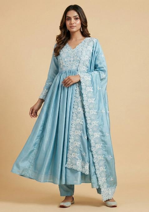 Sky Blue Embroidered Chinon Kurta Set