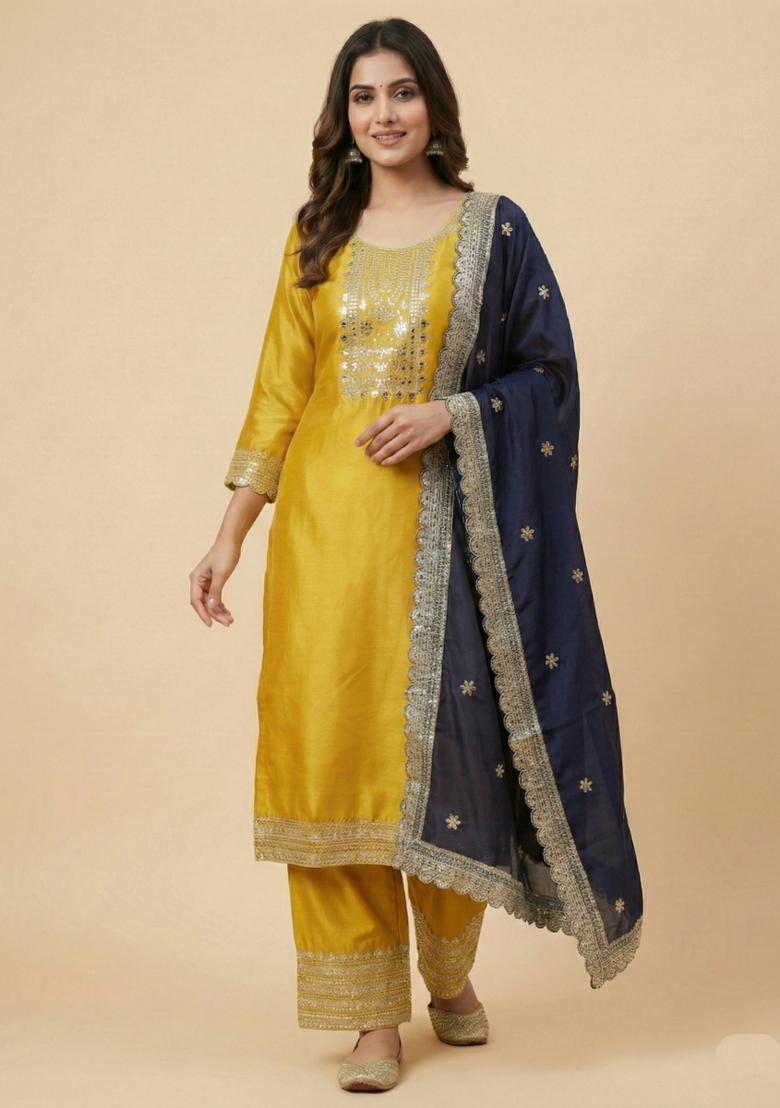 Yellow And Navy Blue Embroidered Chinon Kurta Set - Indya