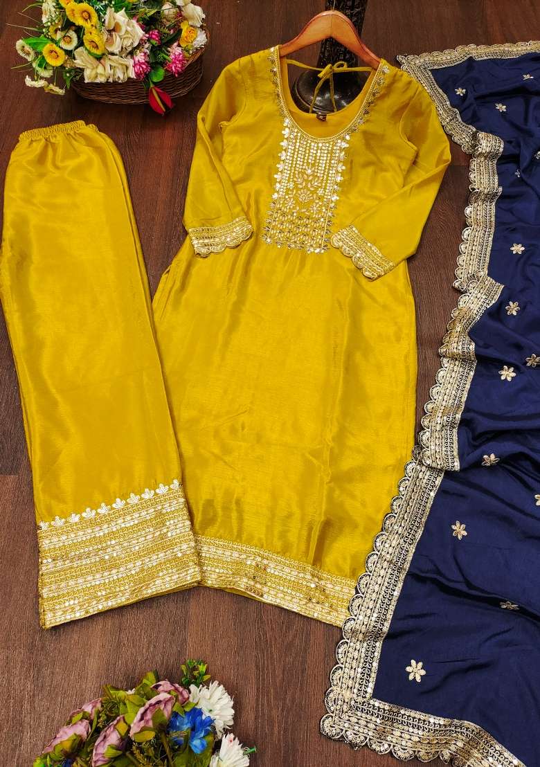 Yellow And Navy Embroidered Chinon Straight Kurta Set - Indya