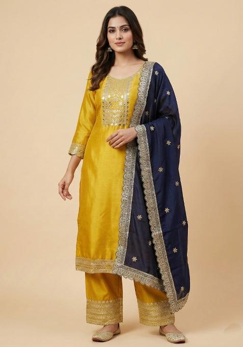 Yellow And Navy Blue Embroidered Chinon Kurta Set