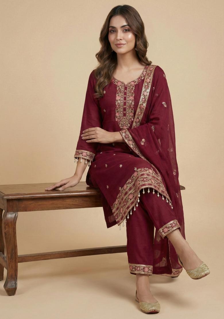 Pink Embroidered Silk Kurta Set - Indya