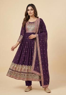 Wine Embroidered Georgette Kurta Set