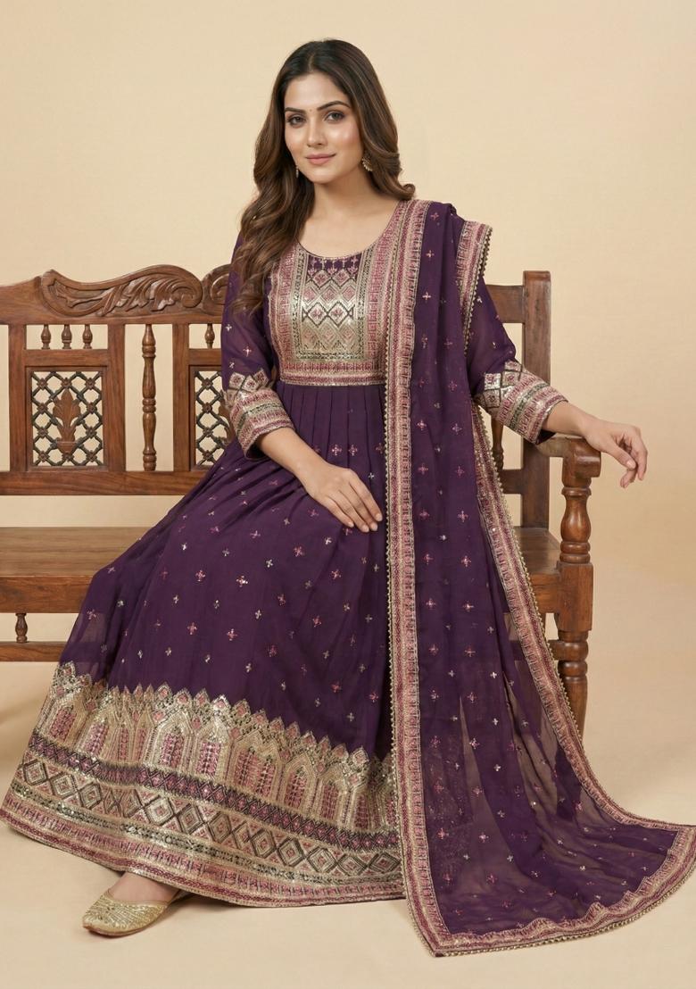 Wine Embroidered Georgette Kurta Set - Indya