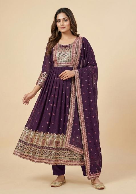 Wine Embroidered Georgette Kurta Set