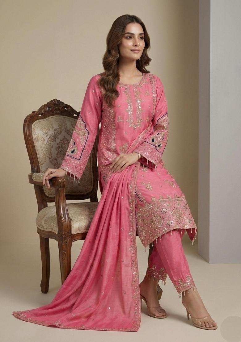 Pink Embroidered Chinon Kurta Set - Indya
