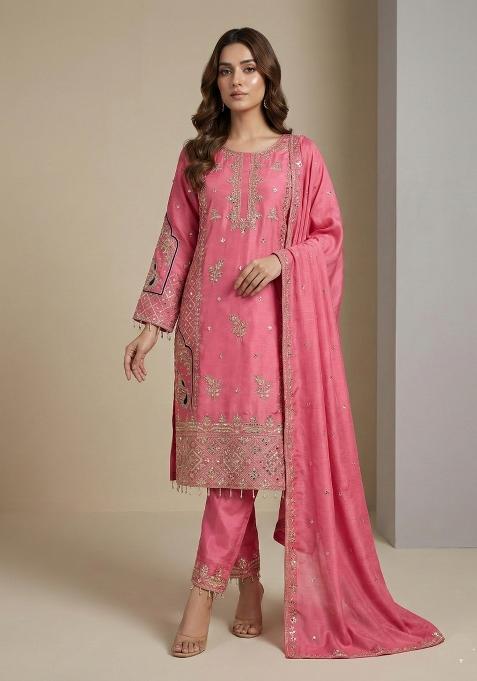 Pink Embroidered Chinon Kurta Set