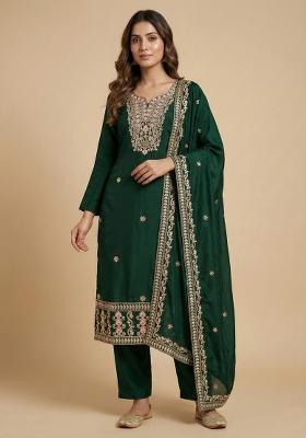 Green Embroidered Chinon Kurta Set