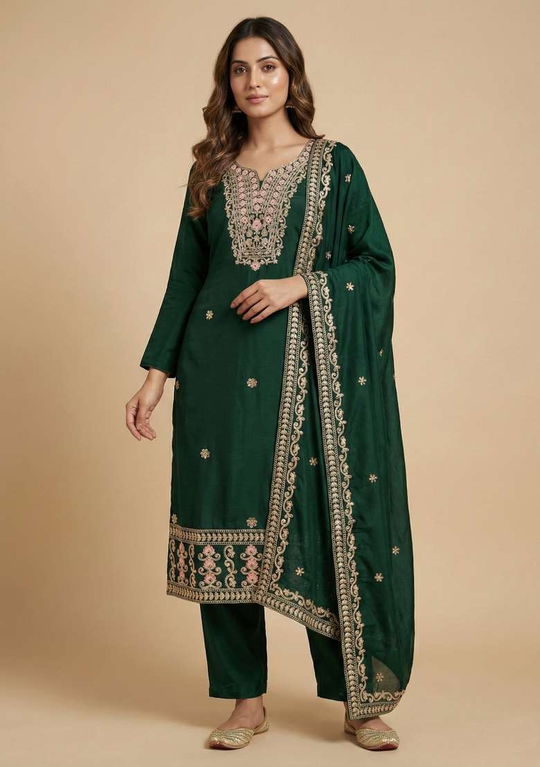 Green Embroidered Chinon Straight Kurta Set - Indya